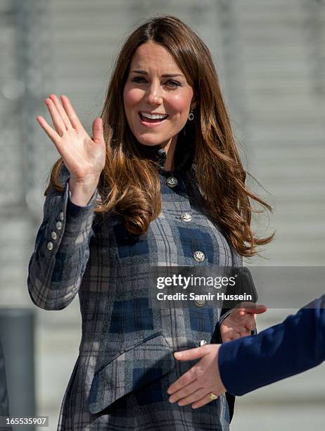 Catherine, Countess of Strathearn waves to wellwishers as she visits the Emirates Arena on April 4, 2013 in Glasgow, Scotland.