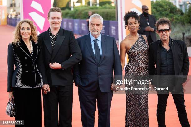 Marisa Berenson, Caleb Landry Jones, Luc Besson, Virginie Besson-Silla and Eric Serra attend the "Dogman" premiere during the 49th Deauville American...