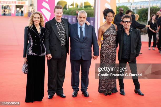 Marisa Berenson, Caleb Landry Jones, Luc Besson, Virginie Besson-Silla and Eric Serra attend the "Dogman" premiere during the 49th Deauville American...