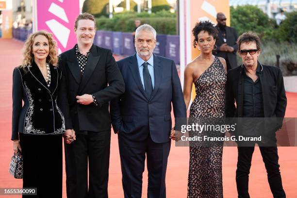 Marisa Berenson, Caleb Landry Jones, Luc Besson, Virginie Besson-Silla and Eric Serra attend the "Dogman" premiere during the 49th Deauville American...