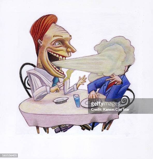 Neil Nakahodo color illustration of two people at a table, one is smoking and blowing smoke in the other's face. For use with stories about business...