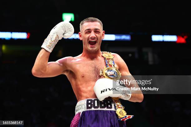Jack Cullen celebrates with the Commonwealth Super Middleweight Championship belt after knocking out Mark Heffron during the British & Commonwealth...