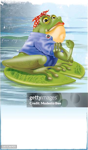 Laurie McAdam color illustration of lady frog rolling up her sleeve and flexing her bicep as a play on the World War II Westinghouse "We Can Do It"...
