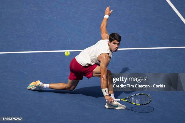 September 2: Carlos Alcaraz of Spain in action against Daniel Evans of Great Britain in the Men's Singles round three match on Arthur Ashe Stadium...