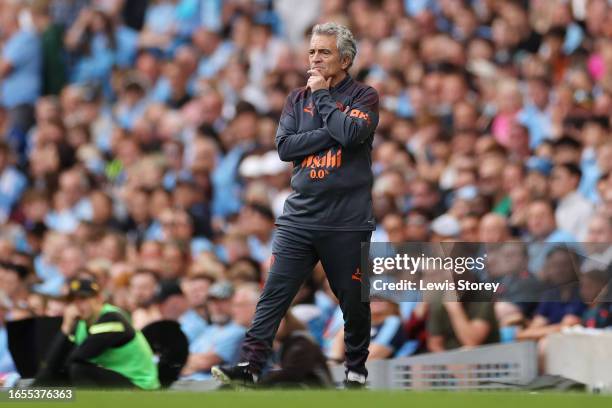 Juanma Lillo, Assistant Manager of Manchester City, looks on during the Premier League match between Manchester City and Fulham FC at Etihad Stadium...