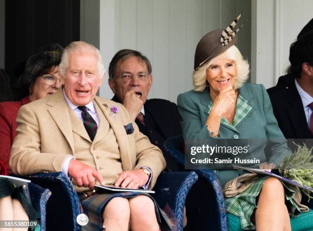 King Charles III and Queen Camilla attend The Braemar Gathering 2023 at The Princess Royal and Duke of Fife Memorial Park on September 02, 2023 in...