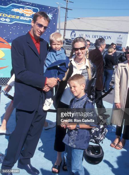 Pro skater Tony Hawk, wife Erin Lee, son Spencer and his son Riley attend the 14th Annual Nickelodeon's Kids' Choice Awards on April 21, 2001 at the...
