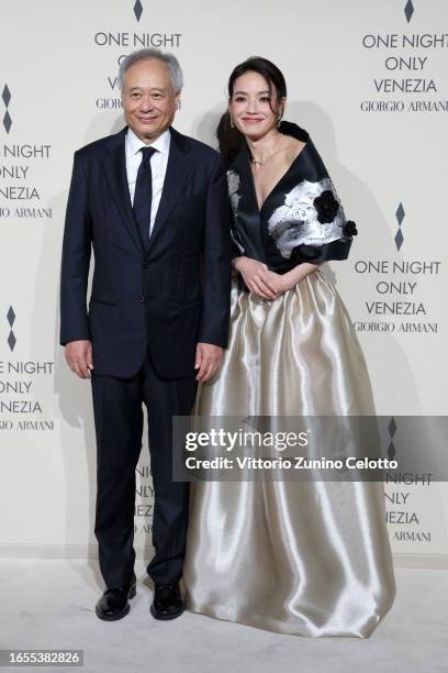 Ang Lee and Shu Qi attend Giorgio Armani "One Night In Venice" photocall on September 02, 2023 in Venice, Italy.