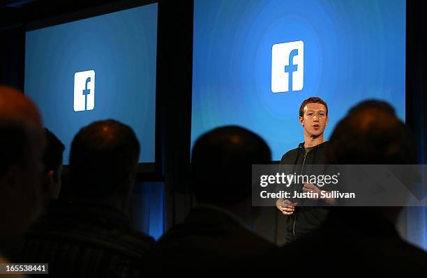 Facebook CEO Mark Zuckerberg speaks during an event at Facebook headquarters on April 4, 2013 in Menlo Park, California. Zuckerberg announced a new...