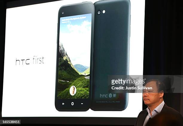 Peter Chou presents the new HTC First phone during an event at Facebook headquarters during an event at Facebook headquarters on April 4, 2013 in...