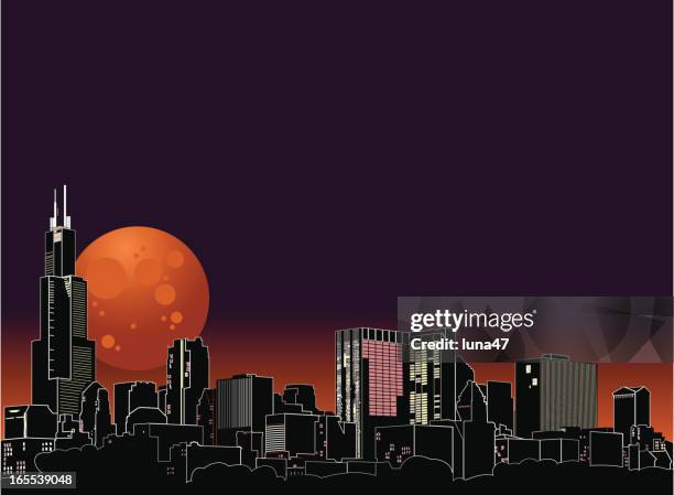 chicago skyline bei nacht mit harvest moon - harvest moon stock-grafiken, -clipart, -cartoons und -symbole