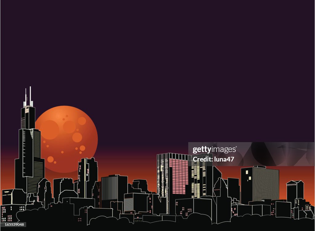 Chicago Night Skyline with Harvest Moon