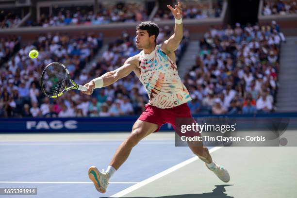 September 2: Carlos Alcaraz of Spain in action against Daniel Evans of Great Britain in the Men's Singles round three match on Arthur Ashe Stadium...