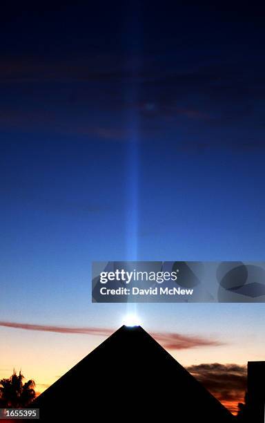 The Egyptian pyramid-shaped Luxor Hotel's light beam dominates the sky above the Las Vegas Strip on November 21, 2002 in Las Vegas, Nevada.