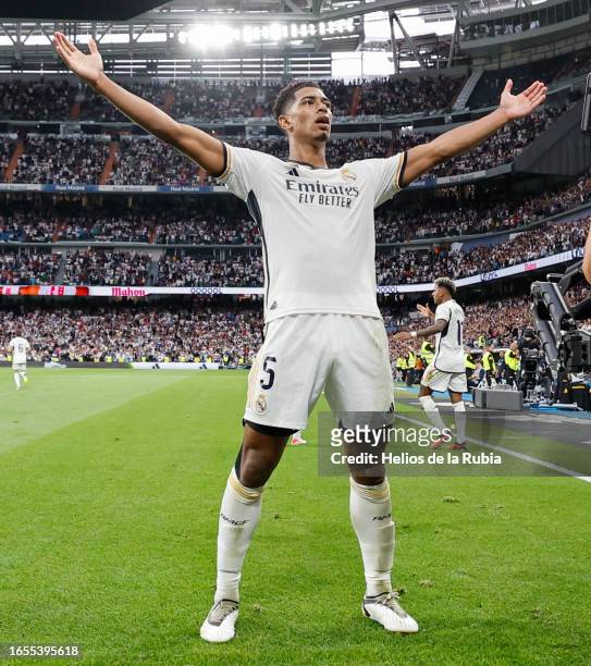 Jude Bellingham player of Real Madrid celebrates after scoring his team's second goal during the LaLiga EA Sports match between Real Madrid CF and...