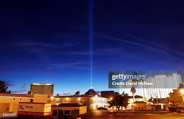 The Egyptian pyramid-shaped Luxor Hotel's light beam dominates the sky above the many hotels on or near the Las Vegas Strip on November 21, 2002 in...