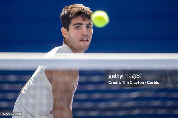 September 2: Carlos Alcaraz of Spain plays a winner at the net during his match against Daniel Evans of Great Britain in the Men's Singles round...