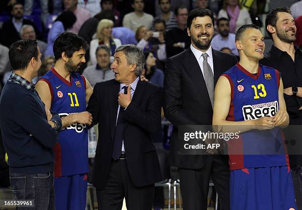 Regal Barcelona's guard Juan Carlos Navarro , Serbian Coach Svetislav Pesic, Serbian Dejan Bodiroga and Regal Barcelona's Lithuanian guard Sarunas...