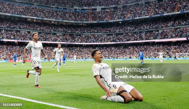 Jude Bellingham player of Real Madrid celebrates after scoring his team's second goal during the LaLiga EA Sports match between Real Madrid CF and...
