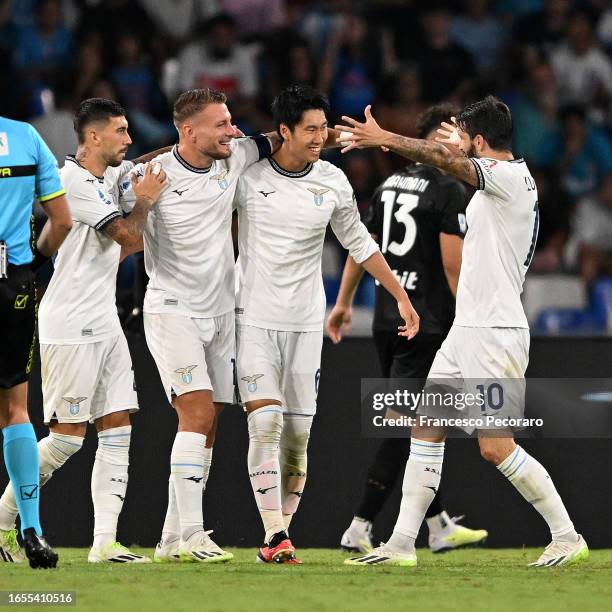 Daichi Kamada of SS Lazio celebrates after scoring the 1-2 goal during the Serie A TIM match between SSC Napoli and SS Lazio at Stadio Diego Armando...