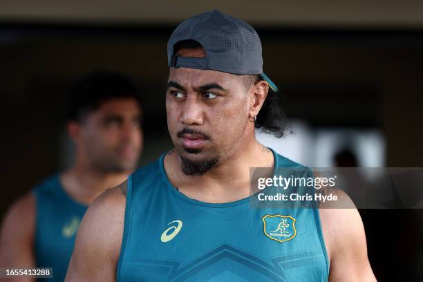 Pone Fa'amausili looks on during a Wallabies training session ahead of the Rugby World Cup France 2023, at Stade Roger Baudras on September 02, 2023...