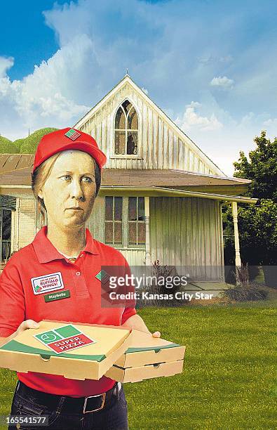 Noah Musser color illustration of the woman from Grant Woods' famous painting "American Gothic," sans her husband and wearing a pizza delivery outfit.