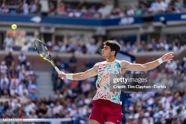 September 2: Carlos Alcaraz of Spain plays a winner at the net during his match against Daniel Evans of Great Britain in the Men's Singles round...