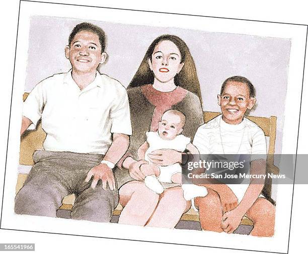 Doug Griswold color illustration of Barack Obama's Indonesian family: Lolo Soetero, Ann Dunham, Obama's half-sister, Maya Soetoro-Ng, and Barack. One...