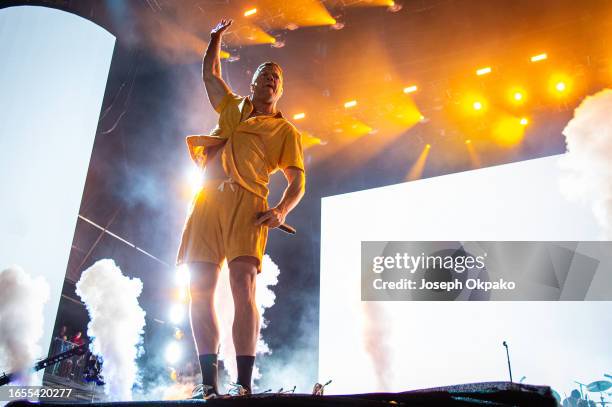 Dan Reynolds of Imagine Dragons performs on day 3 of Reading Festival 2023 at Richfield Avenue on August 27, 2023 in Reading, England.