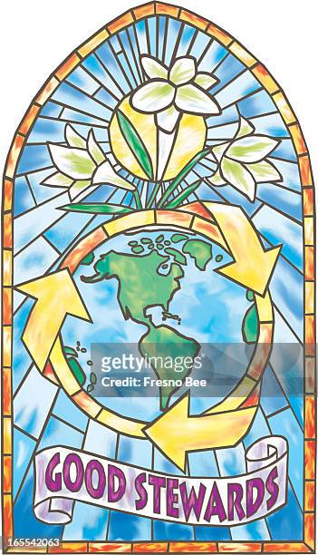 John Alvin color illustration of church, stained-glass window with eco-friendly message of recycling and taking care of planet earth.