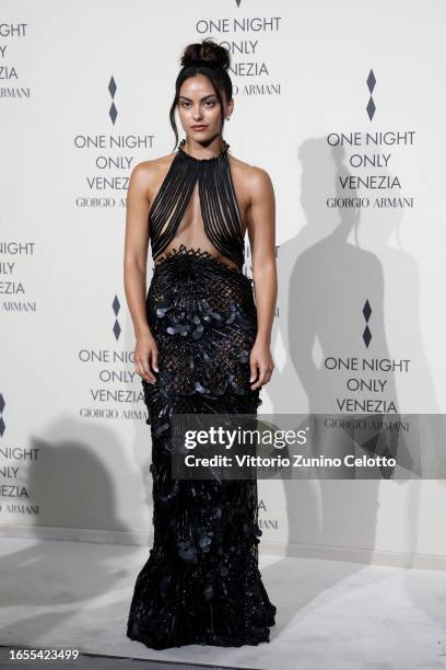 Camila Mendes attends Giorgio Armani "One Night In Venice" photocall on September 02, 2023 in Venice, Italy.