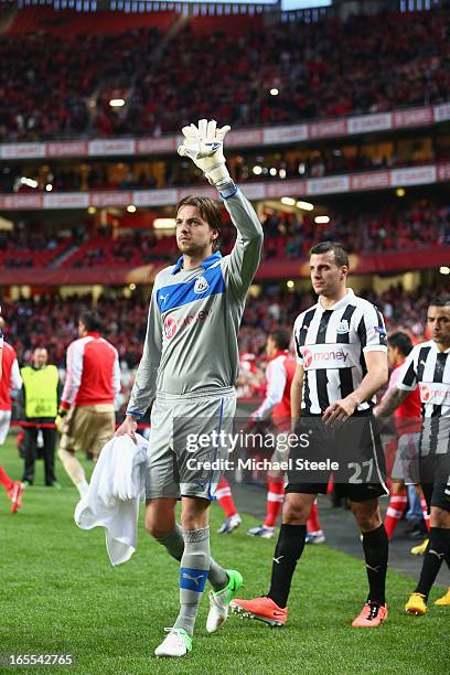Tim Krul of Newcastle United acknowledges the travelling supporters as the teams take to the pitch during the UEFA Europa League Quarter- Final First...