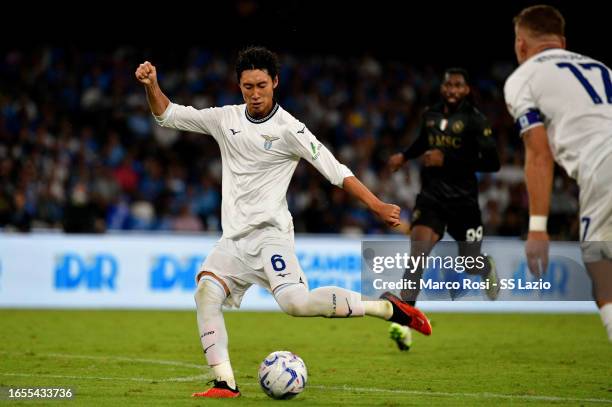 Daichi Kamada of SS Lazio scores a second goal during the Serie A TIM match between SSC Napoli and SS Lazio at Stadio Diego Armando Maradona on...