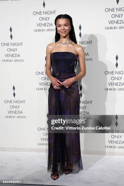 India Ria Amarteifio attends Giorgio Armani "One Night In Venice" photocall on September 02, 2023 in Venice, Italy.