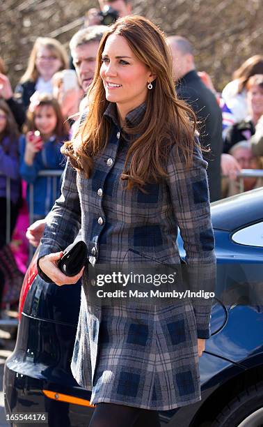 Catherine, Countess of Strathearn accompanied by Prince William, Earl of Strathearn arrives at the Donald Dewar Leisure Centre to launch a new...