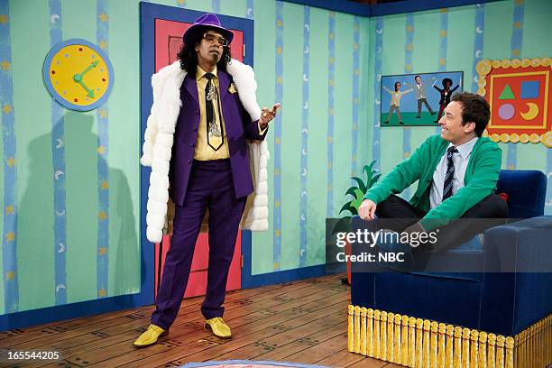 Episode 812 -- Pictured: Dion Flynn with host Jimmy Fallon during a skit on April 4, 2013 --