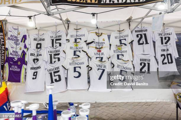 Detail of the Real Madrid t-shirts at the t-shirt sales stands at the stadium before the La Liga match between Real Madrid and Getafe CF played at...