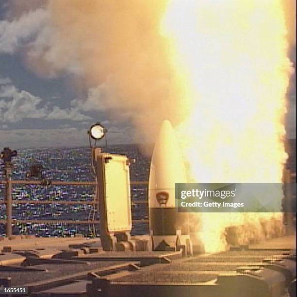 An SM-3 Aegis missile launches November 21, 2002 from the Ticonderoga class guided missile cruiser USS Lake Erie. A target missile was also launched...