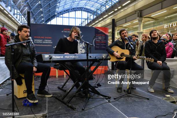 Vinny May, Stephen Garrigan, Mark Pendergast and Jason Boland of the band Kodaline perform at Station Sessions Festival 2013 at St Pancras Station on...