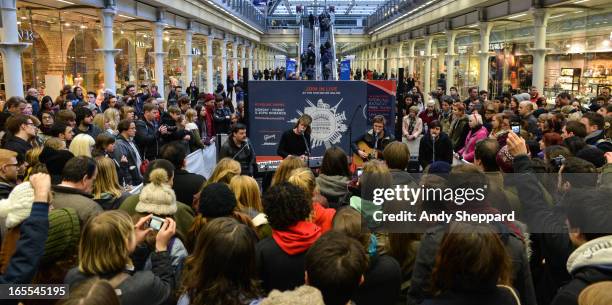 Vinny May, Stephen Garrigan, Mark Pendergast and Jason Boland of the band Kodaline perform at Station Sessions Festival 2013 at St Pancras Station on...