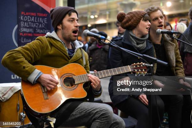 Jinte Deprez, Patricia Vanneste and Maarten Devoldere of Belgian band Balthazar perform at Station Sessions Festival 2013 at St Pancras Station on...