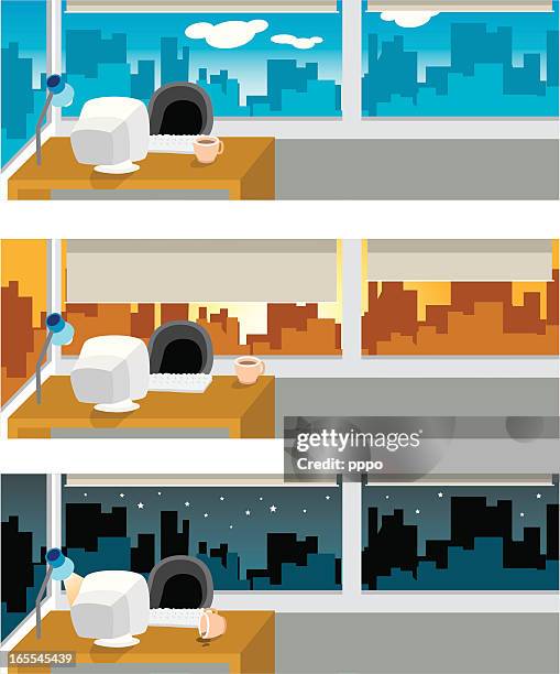 office works from day to night! - coffee city stock illustrations