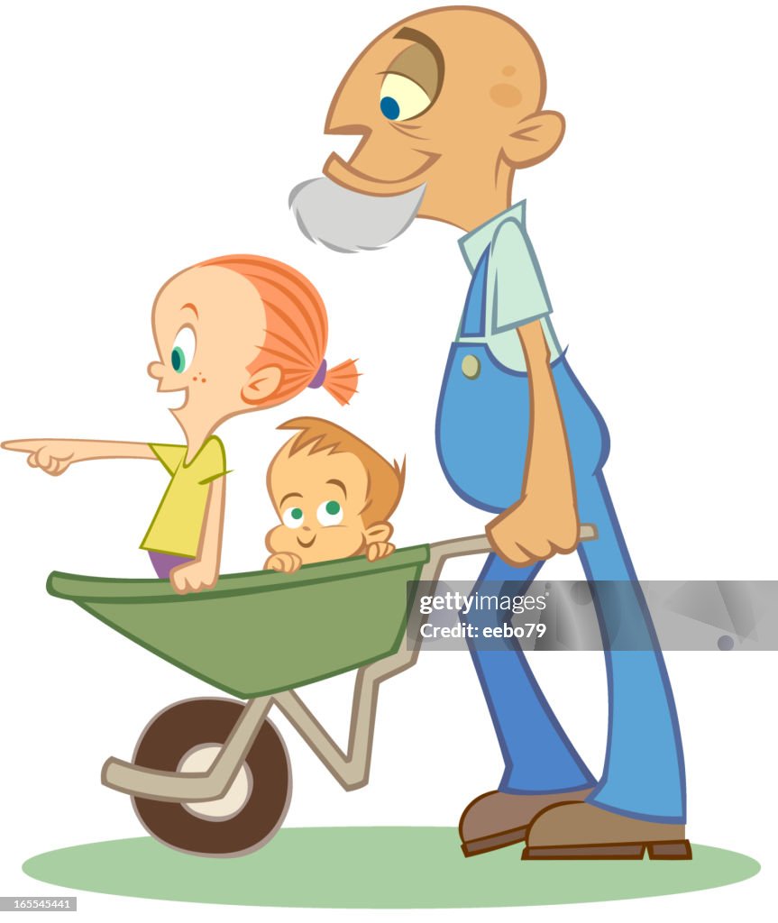 Grandpa Pushing Kids In Wheelbarrow