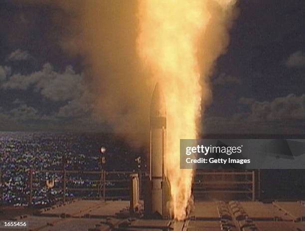 An SM-3 Aegis missile launches November 21, 2002 from the Ticonderoga class guided missile cruiser USS Lake Erie. A target missile was also launched...