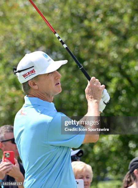 Golfer David Toms watches his ball after hitting his shot on the tee during the second round of the PGA Tour Champions Ascension Charity Classic on...