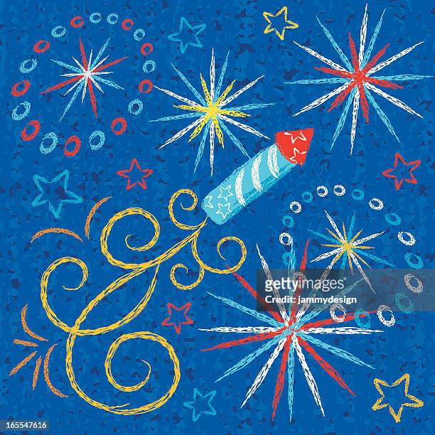 stockillustraties, clipart, cartoons en iconen met kid drawn fireworks - american 4th july celebrations