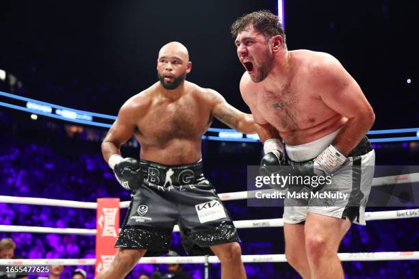 David Allen reacts after a low punch during his Heavyweight Contest fight against Frazer Clarke at Manchester Arena on September 02, 2023 in...