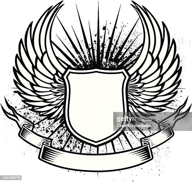 winged shield tattoo - angels crest stock illustrations