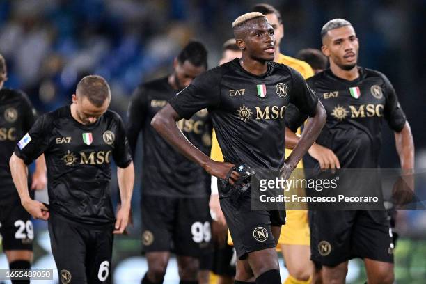 Victor Osimhen of SSC Napoli shows his disappointment after the Serie A TIM match between SSC Napoli and SS Lazio at Stadio Diego Armando Maradona on...