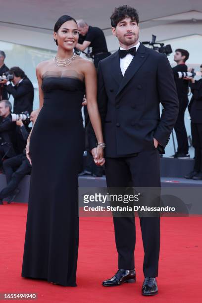 Virginia Stablum and Luca Vezil attend a red carpet for the movie "Maestro" at the 80th Venice International Film Festival on September 02, 2023 in...